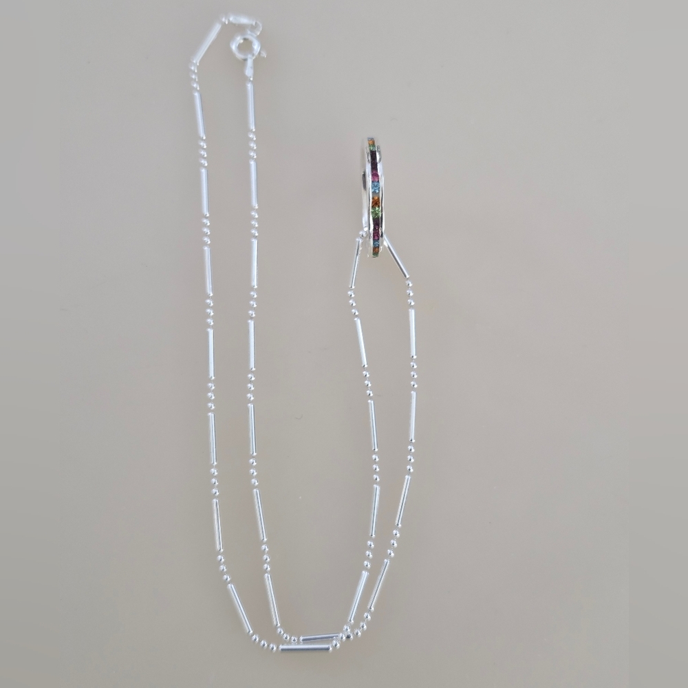 .925 Sterling Silver Italy Necklace With Multicolored Rhinestone Ring
